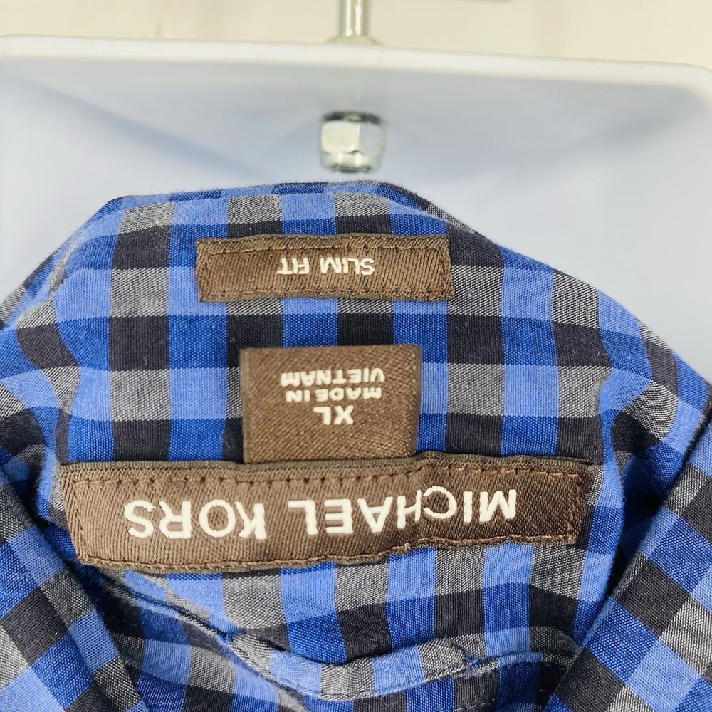 Michael Kors Men's Blue Check Gingham Button Up Office Career Shirt XL Cotton - Picture 5 of 5